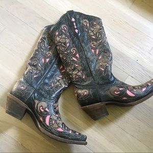 Corral brown and pink leather cowboy boots